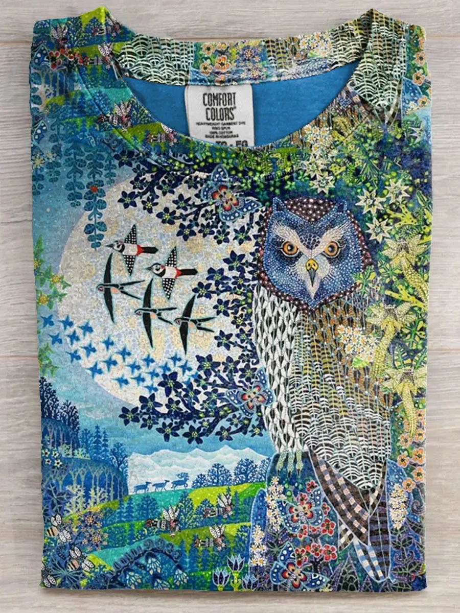 Owl Art Print Casual Short Sleeve T-shirt