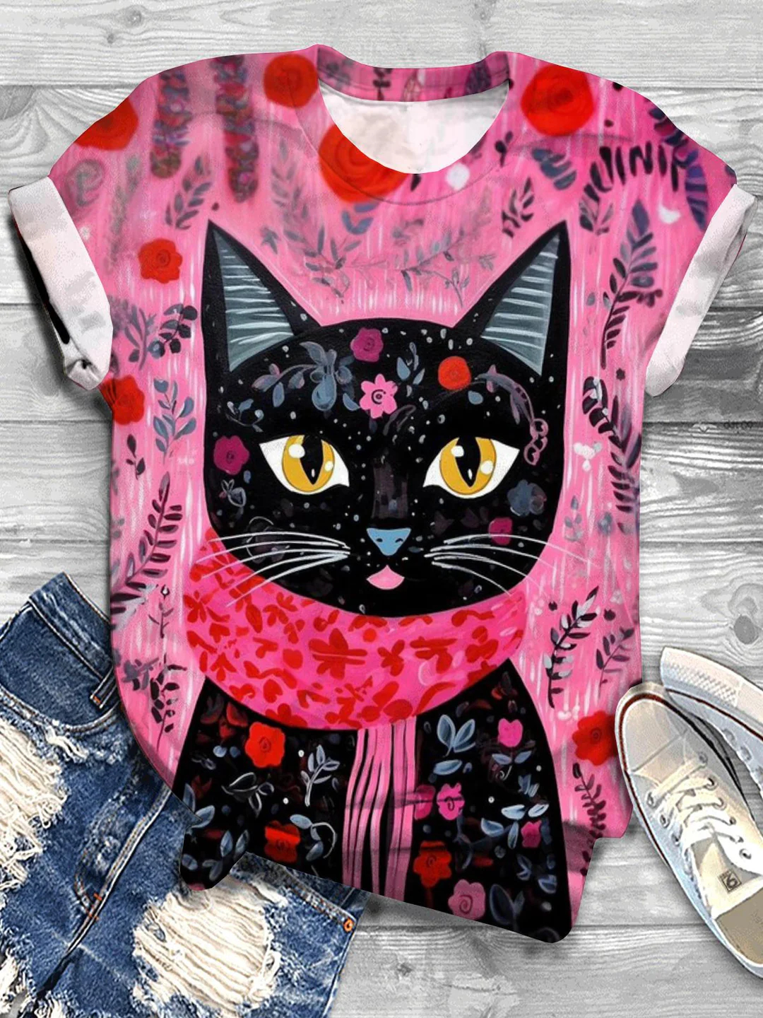 Floral Cat Art Print Casual Short Sleeve T-shirt
