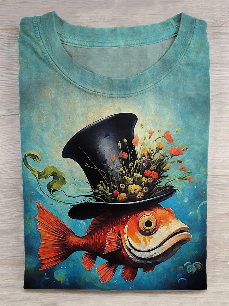 Floral Goldfish Printed Vintage Fashion Loose Short Sleeve T-Shirt