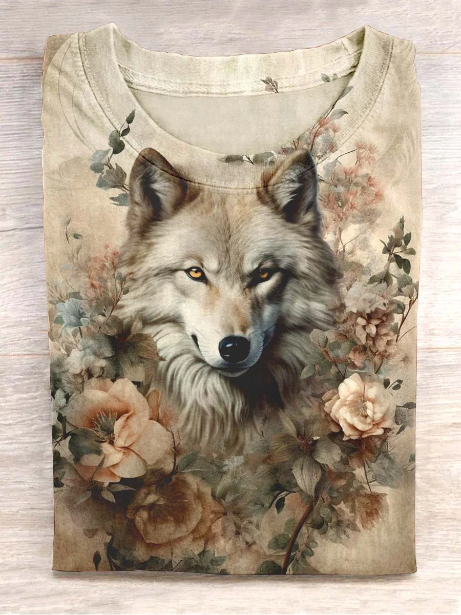 Floral Wolf Printed Vintage Fashion Loose Short Sleeve T-Shirt