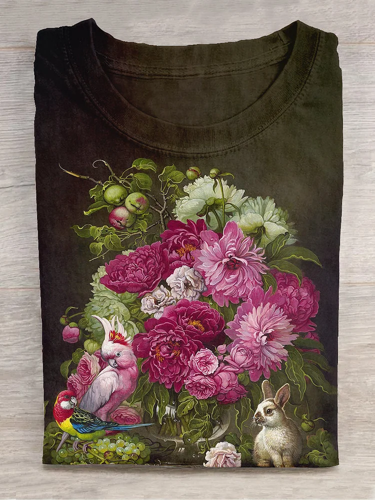 Floral and Rabbit Art Print Casual Short Sleeve T-shirt