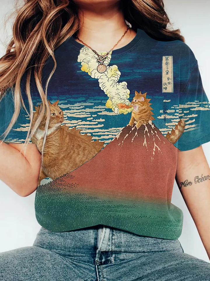 Fun Cat Godzilla Graphics Japanese Art Short Sleeve T-Shirt