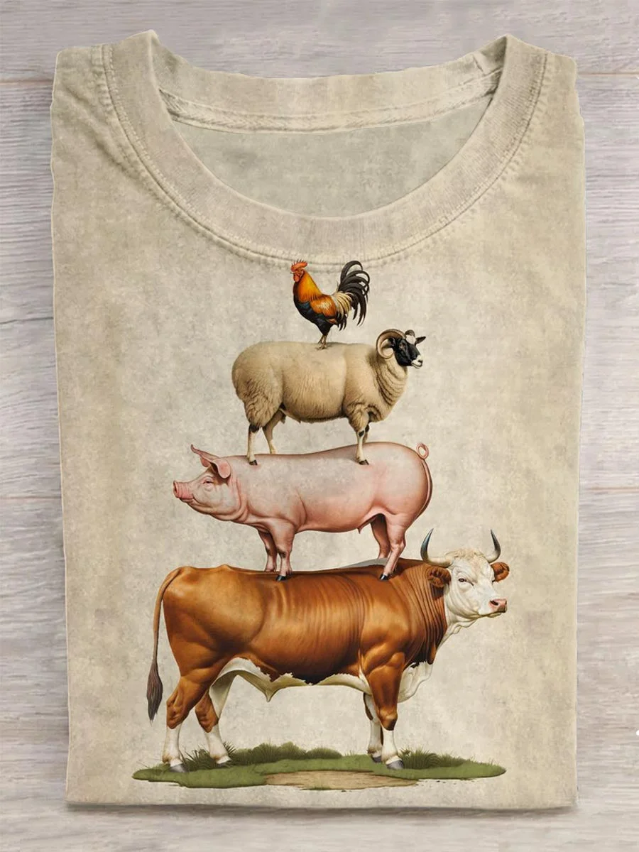 Funny Animal Stacked Arhat Abstract Print Design T-Shirt