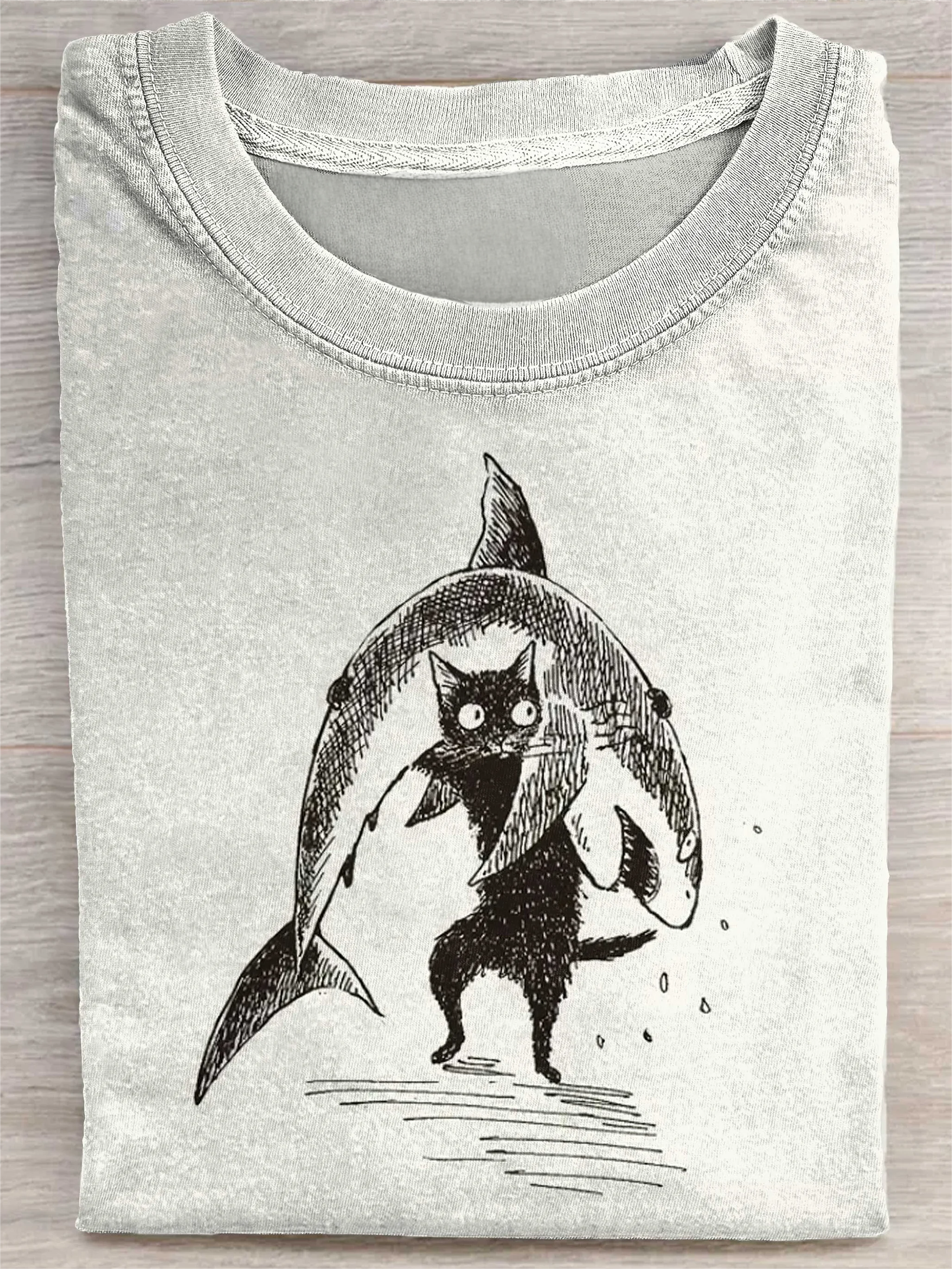Funny Cat With Shark Art Print Casual Short Sleeve T-Shirt