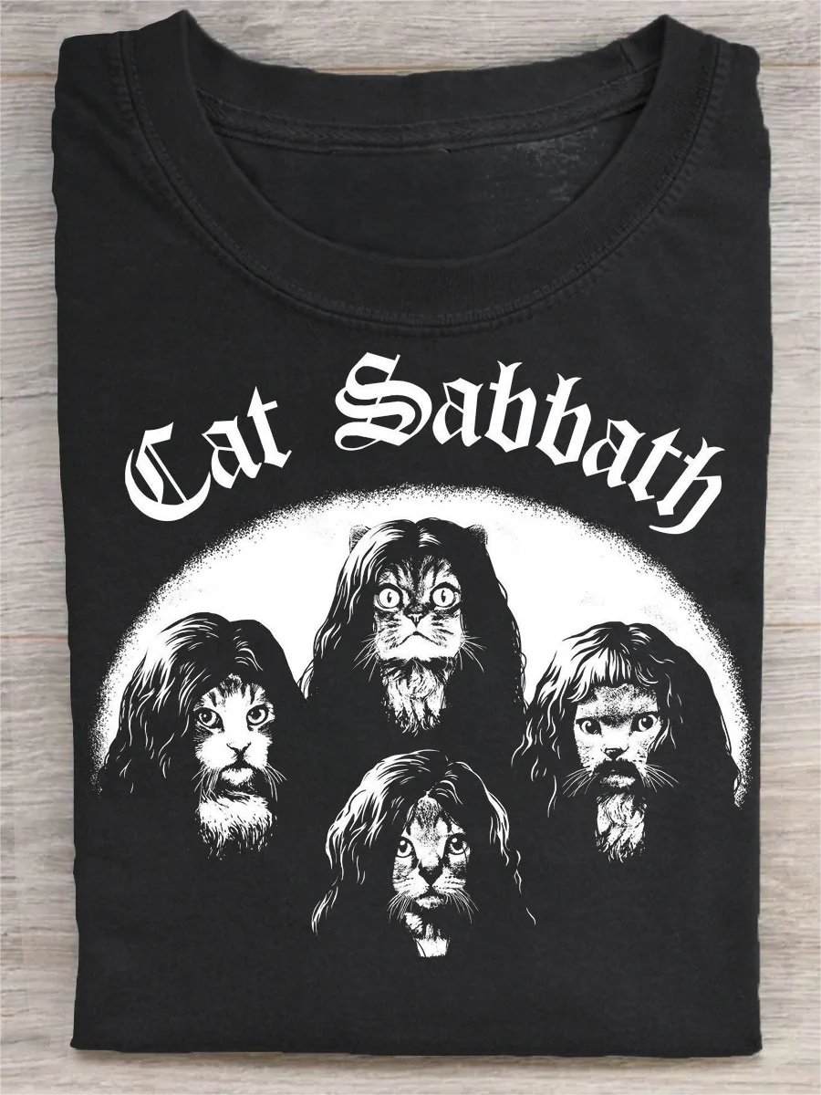 Funny Cat Sabbath Art Print Casual Short Sleeve T-shirt