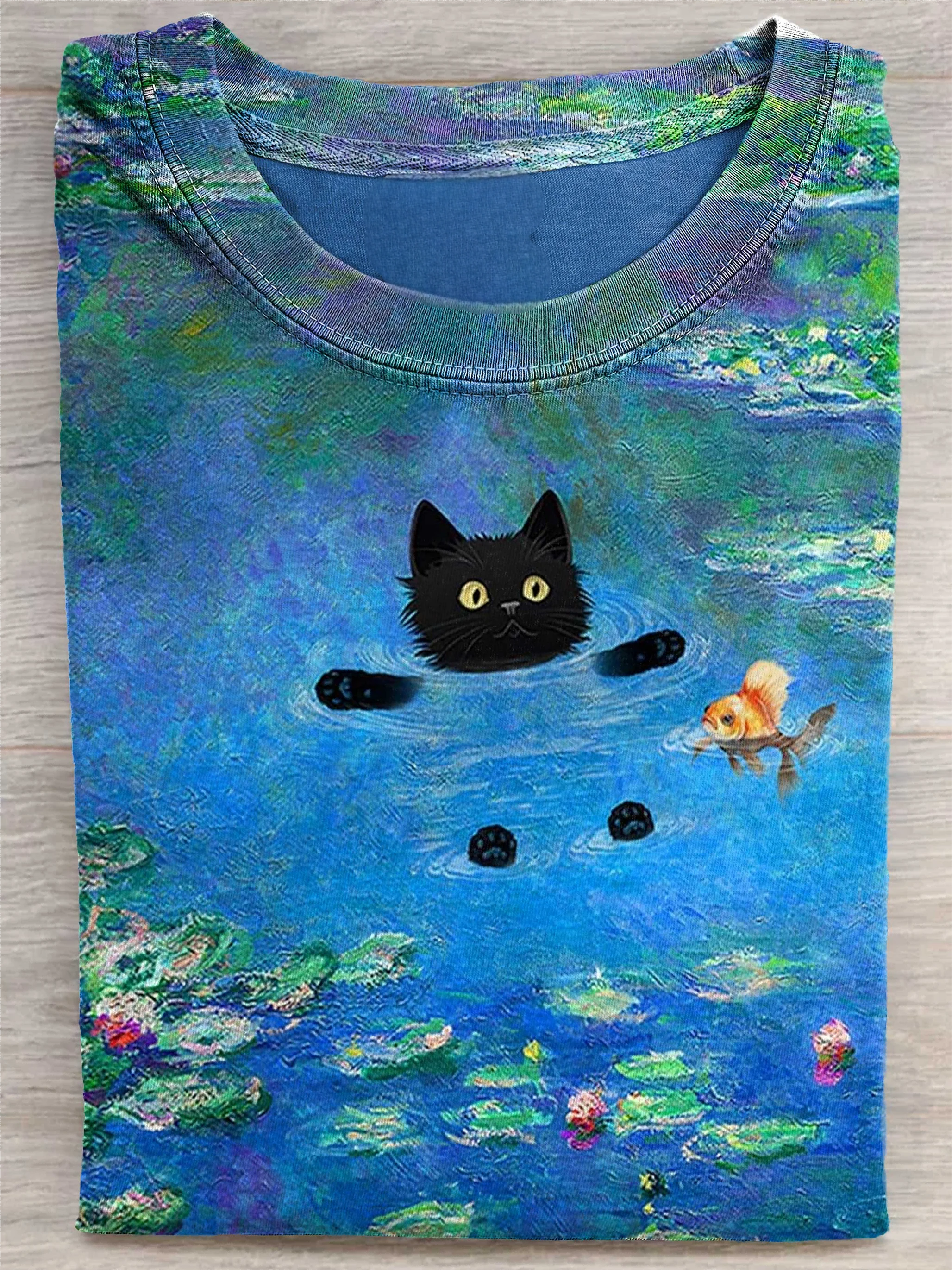 Black Cat Swimming Art Print Casual Short Sleeve T-shirt