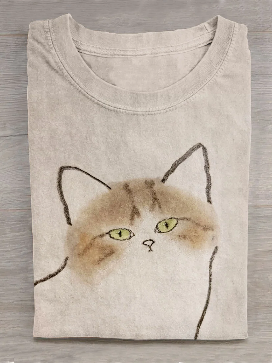 Funny Cat Art Print Casual T-shirt