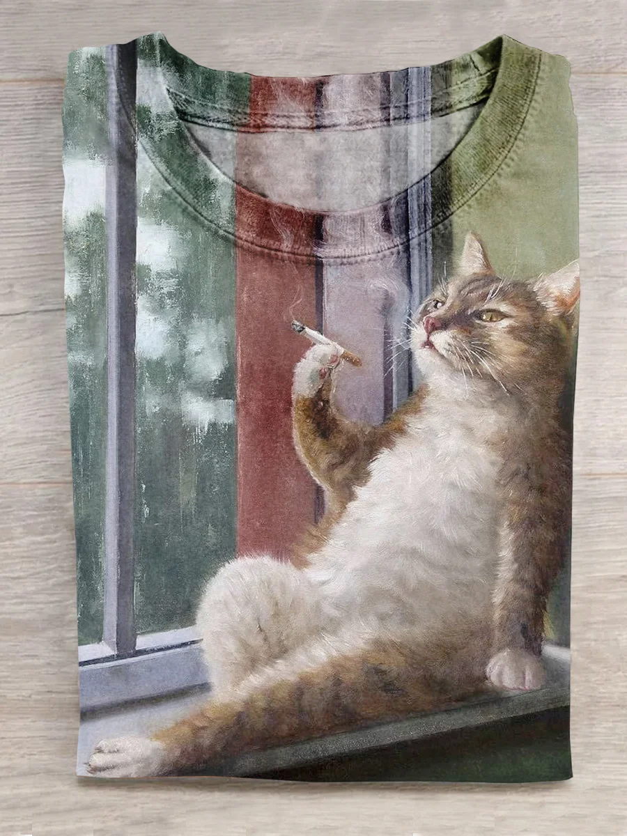 Melancholy Cat Art Print Casual Short Sleeve T-Shirt