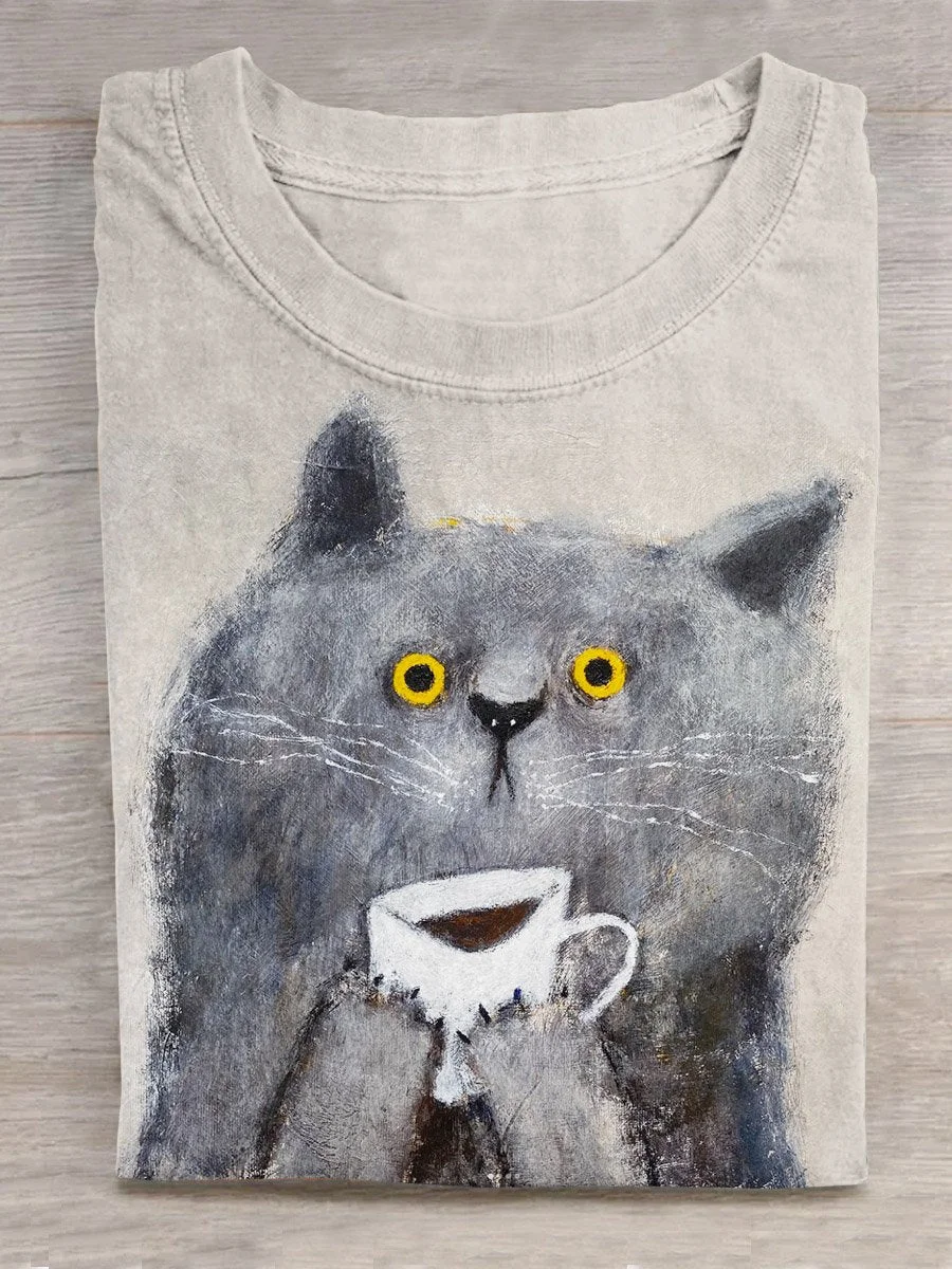 Funny Cat Drink Coffee Art Print Casual T-shirt