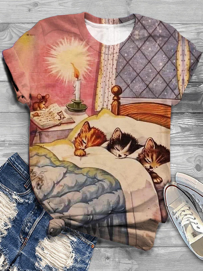 Vintage Cat Sleeping Art Print Crew Neck T-shirt