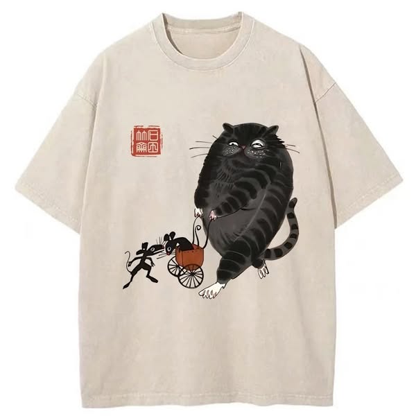 Chillteelab™ | Funny Cat Pushing Mouse In Cart Washed T-Shirt