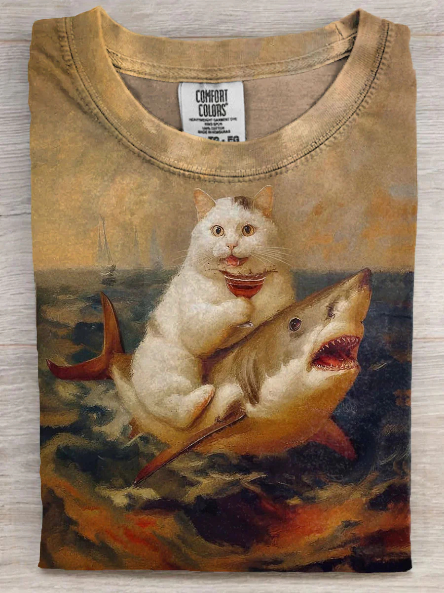 Funny Cat Ride Shark Art Print Casual Short Sleeve T-shirt 