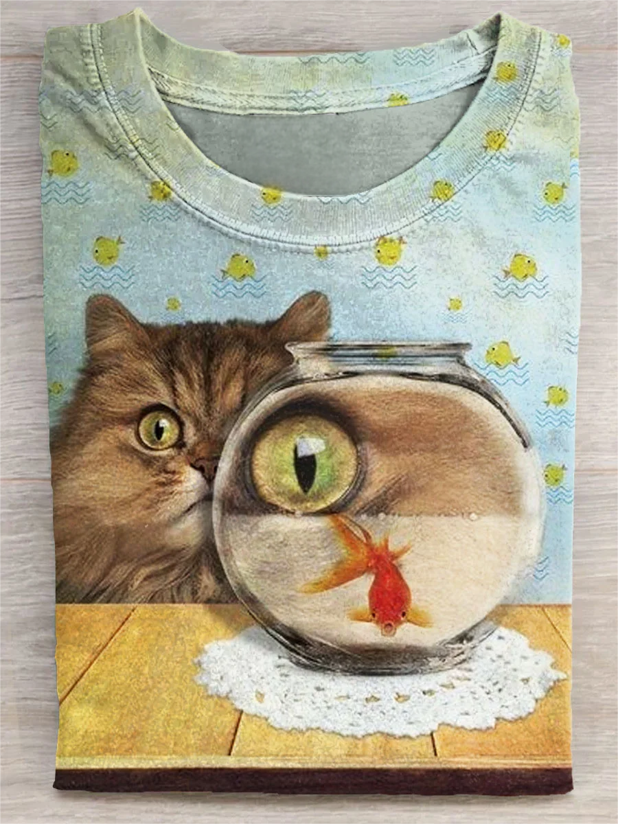Funny Cat With Fish Art Print Casaul Short Sleeve T-shirt