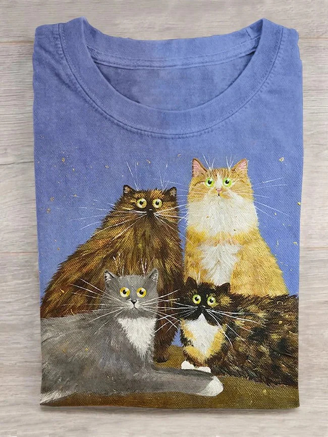 Funny Cats Meeting Art Print Casual Short Sleeve T-shirt