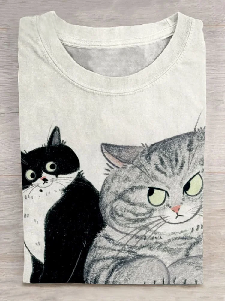 Funny Cats Printed Crew Neck T-shirt