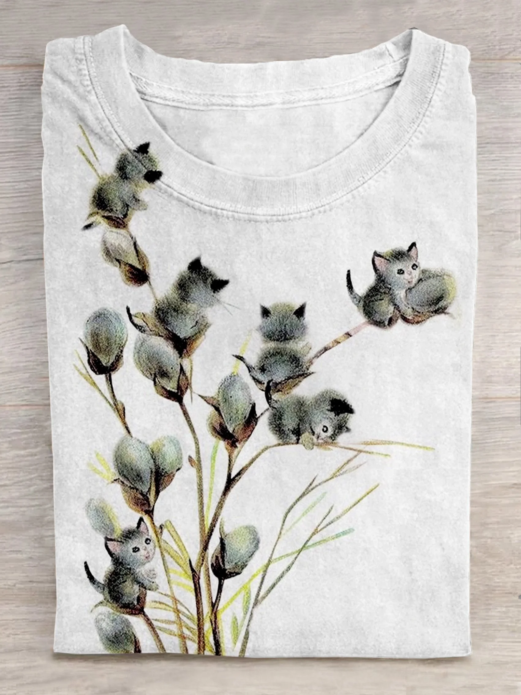 Funny Cotton Kitten Art Print Casual Short Sleeve T-Shirt