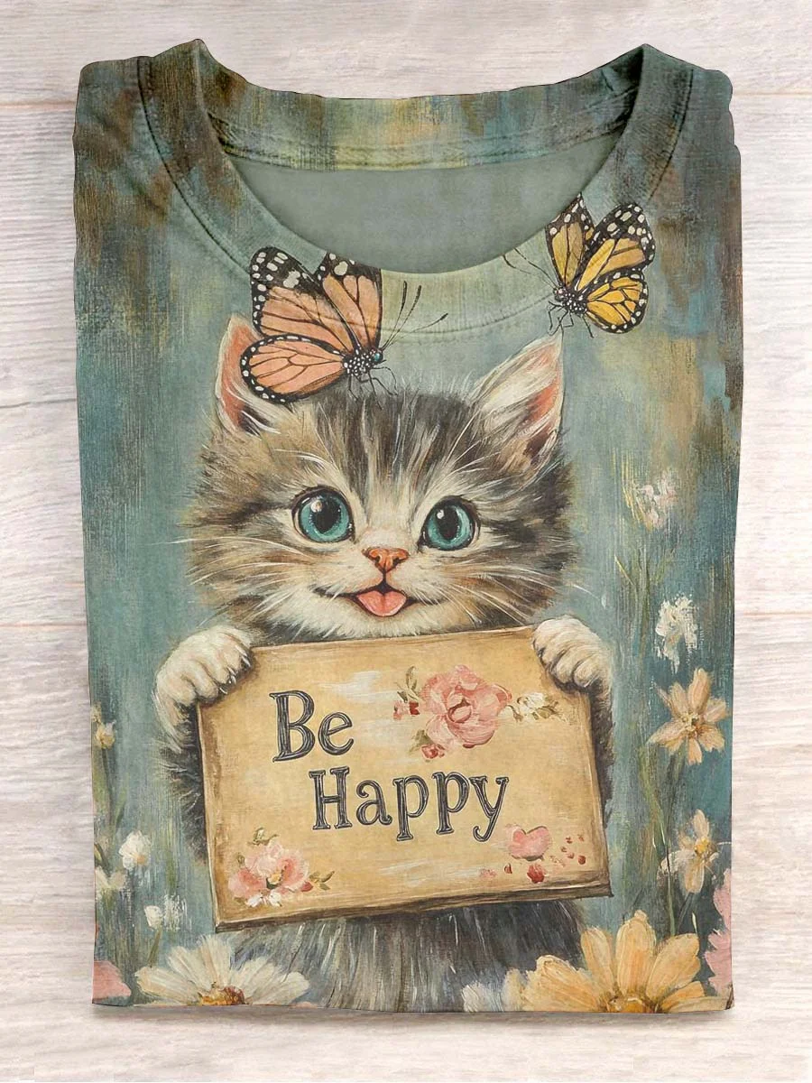 Funny Cute Cat Art Print Casual Short Sleeve T-shirt