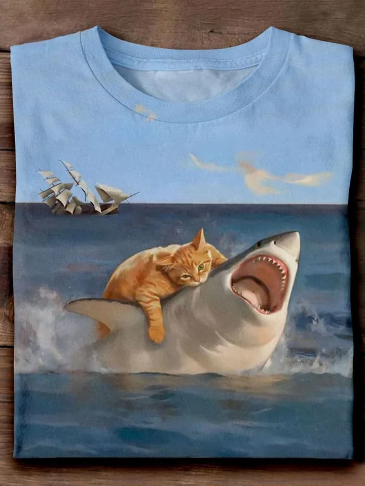 Funny Orange Fat Cat And Shark Art Print T-shirt