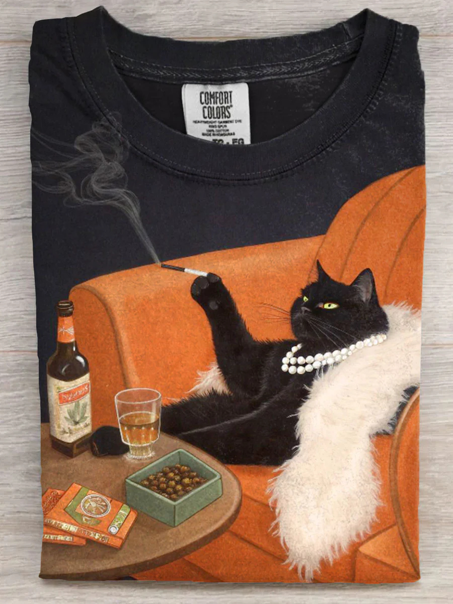 Funny Smoking Black Cat Art Print Casual Short Sleeve T-shirt