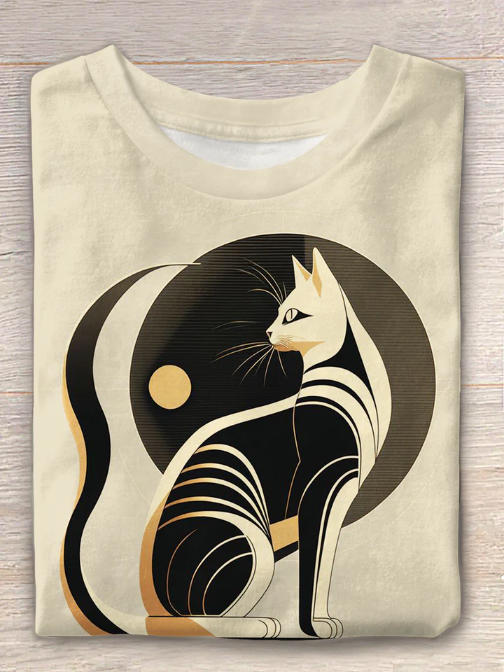 Geometric Retro Cat Art Crew Neck T-shirt
