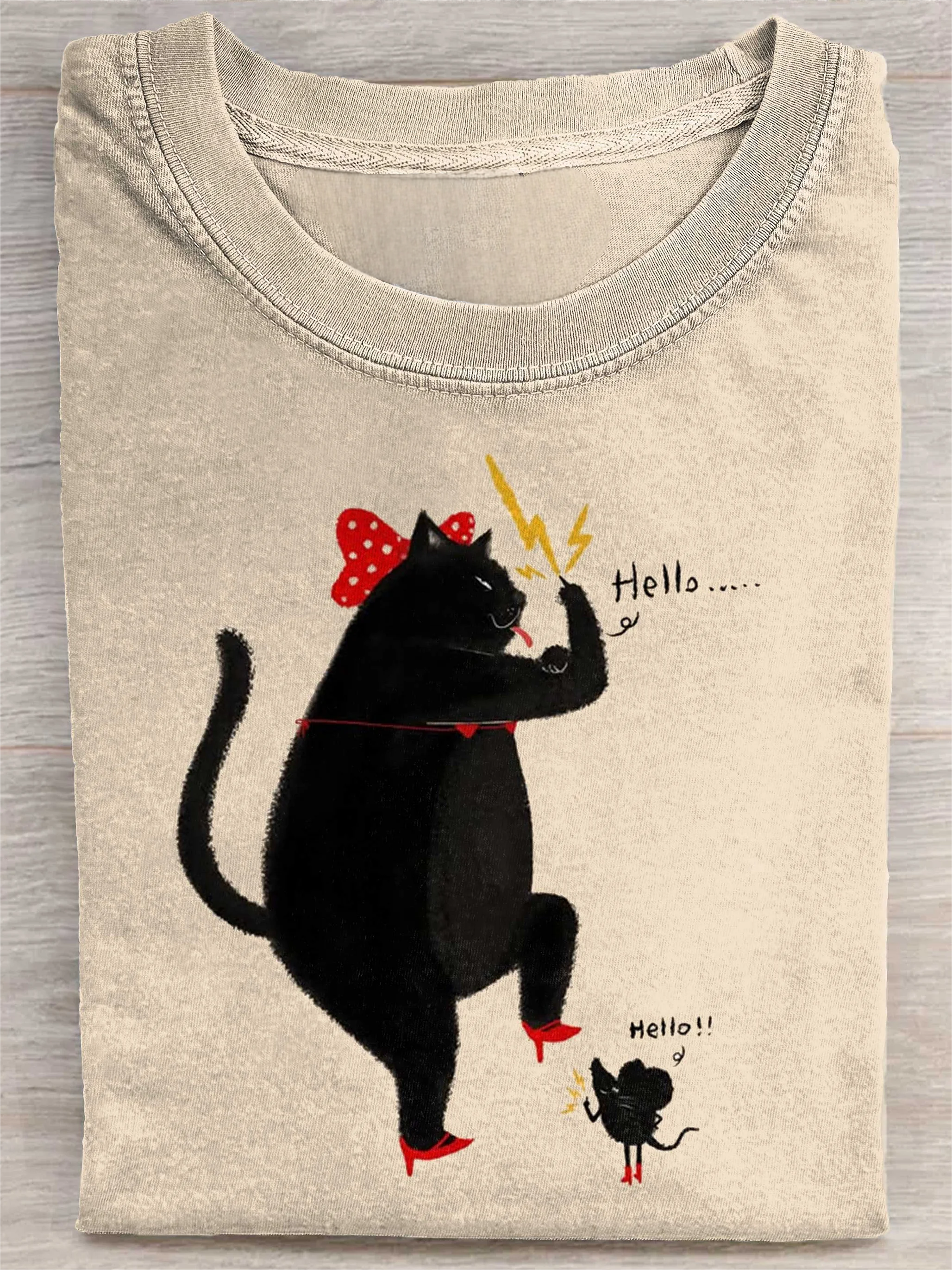 Funny Cat With Mouse Art Print Casual Short Sleeve T-Shirt