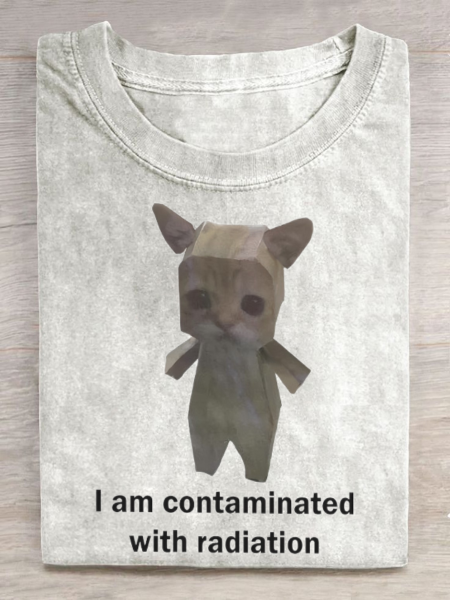 Cat Contaminated With Radiation Funny Vintage Print Crew Neck T-shirt