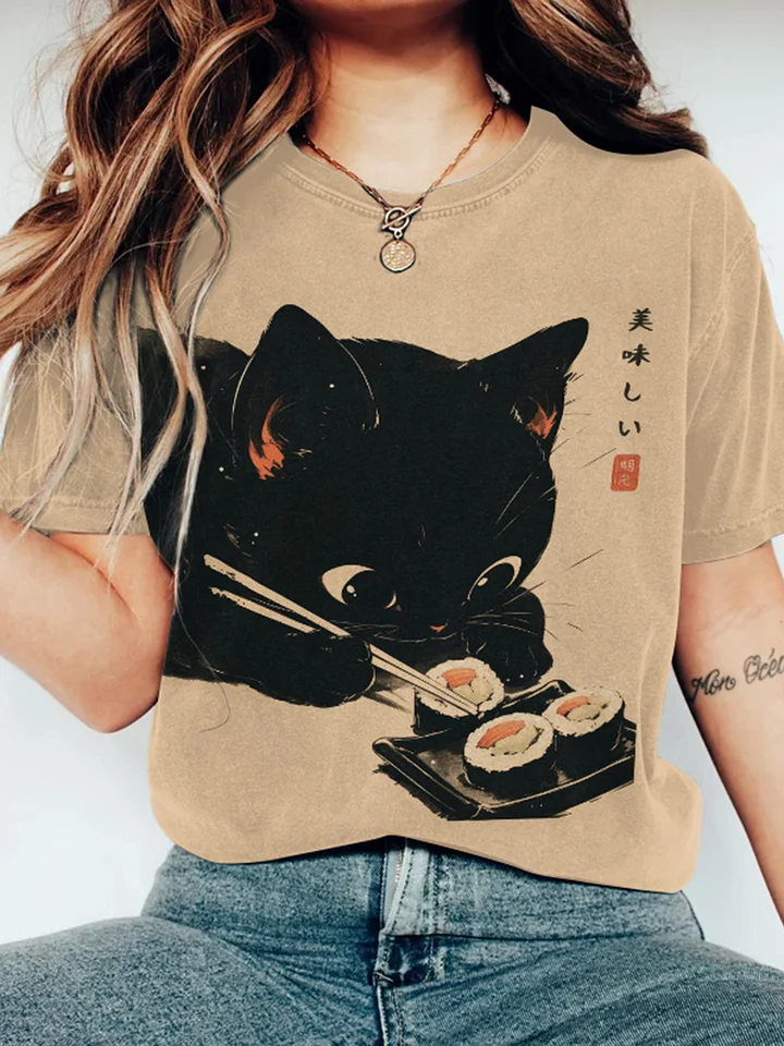 Japanese Art Eating Sushi Cat Print Casual T-Shirt