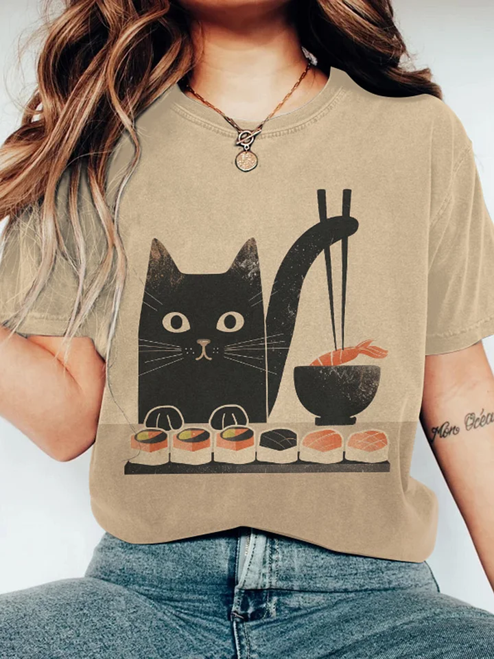 Japanese Art Eating Sushi Cat Print T-Shirt