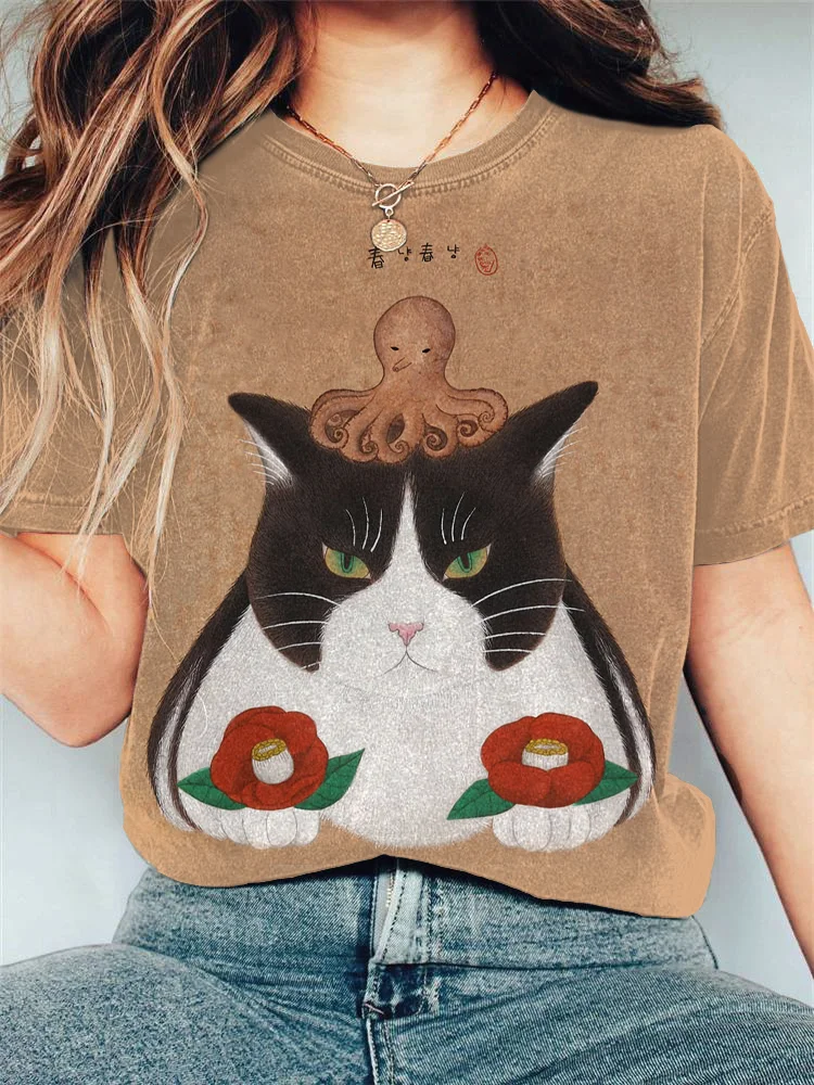 Japanese Art Ocean Cats Print Cotton Blend T-shirt