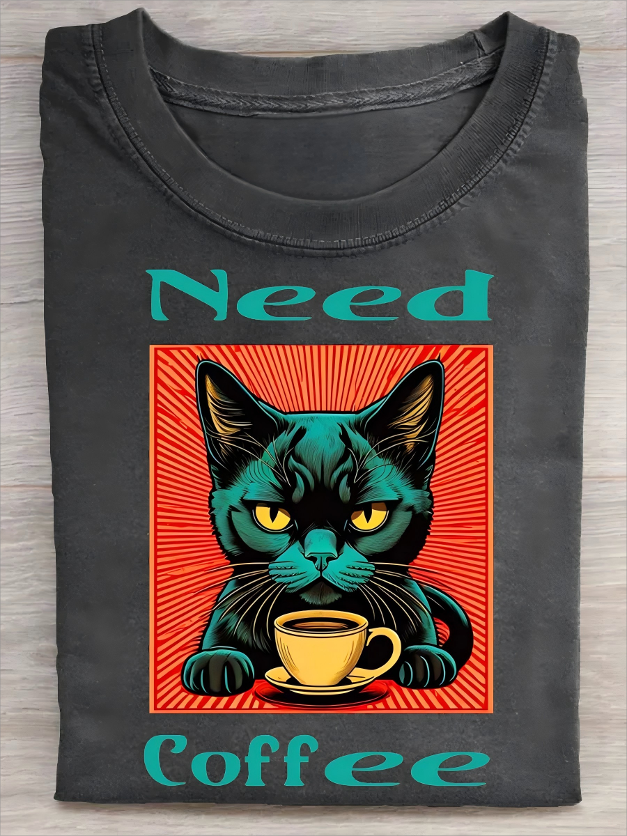 Need Coffee Cat Art Print Casual Short Sleeve T-shirt