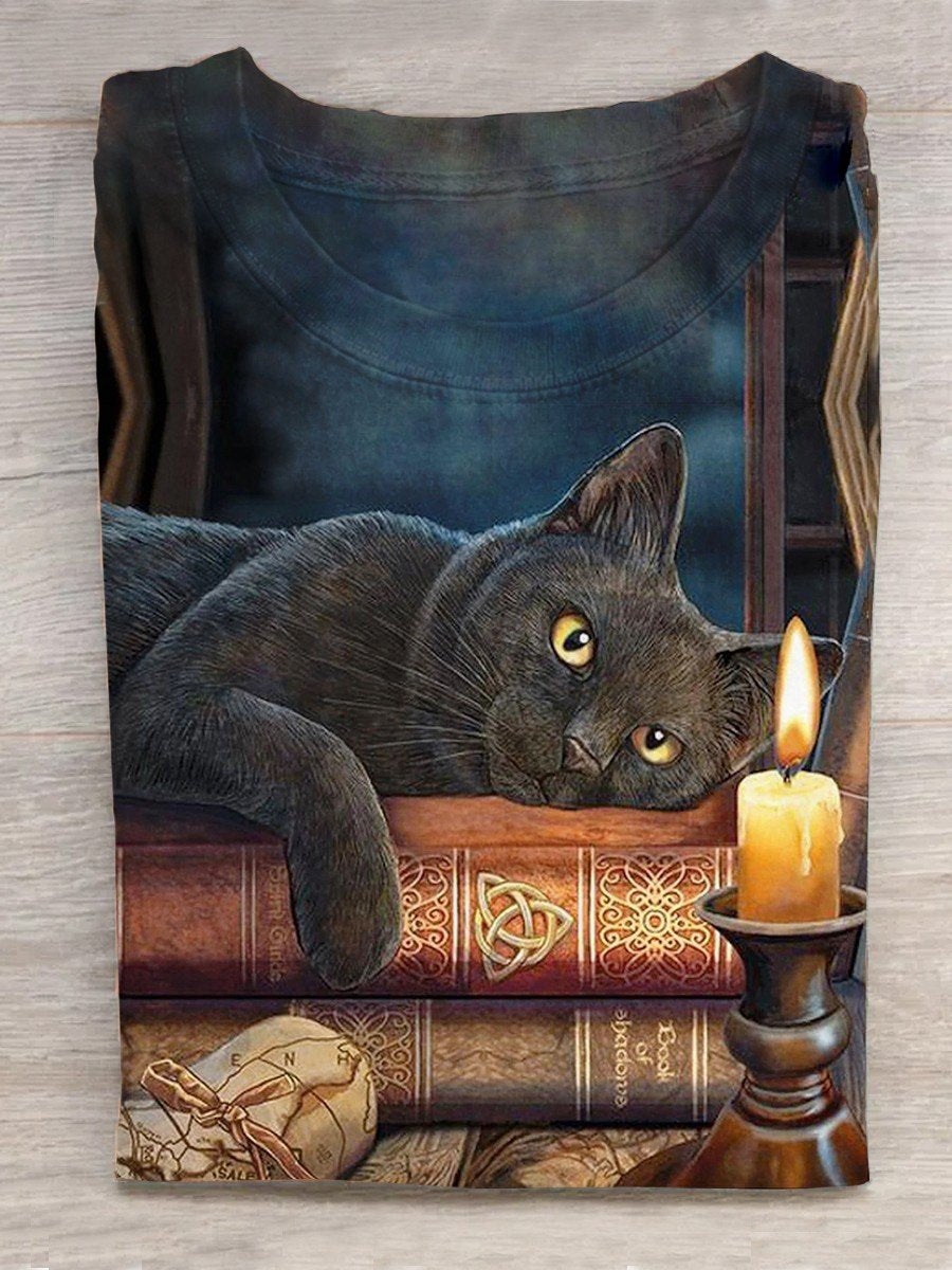 Black Cat Art Print Casaul Short Sleeve T-shirt