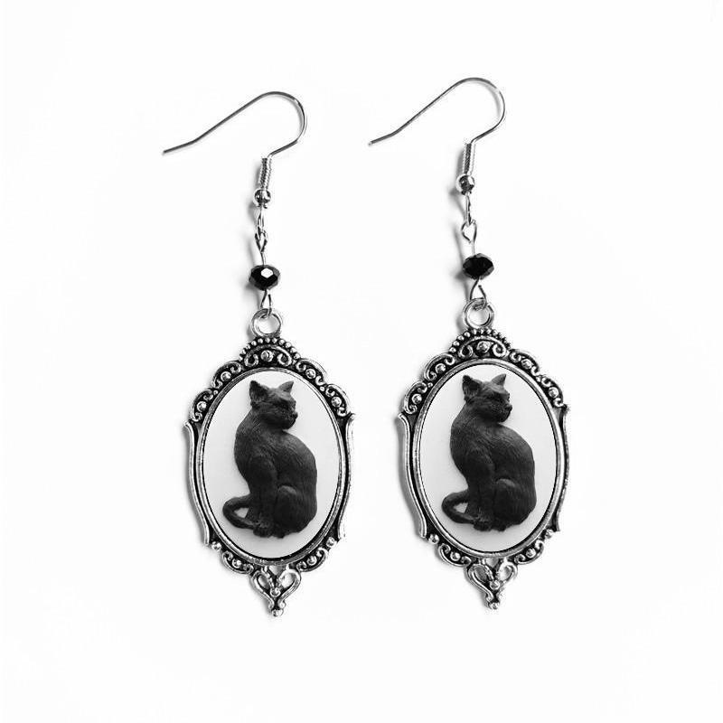 Black Cat Cameo Dangle Earrings
