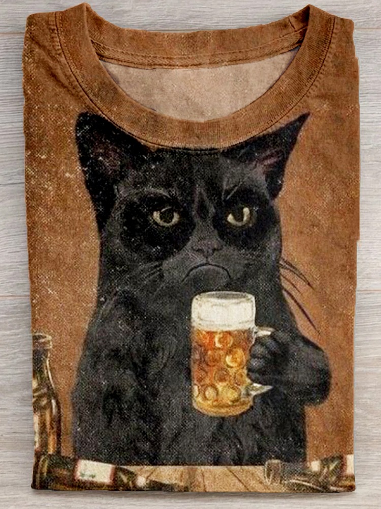 Cat Drink beer Art Print Casaul Short Sleeve T-shirt
