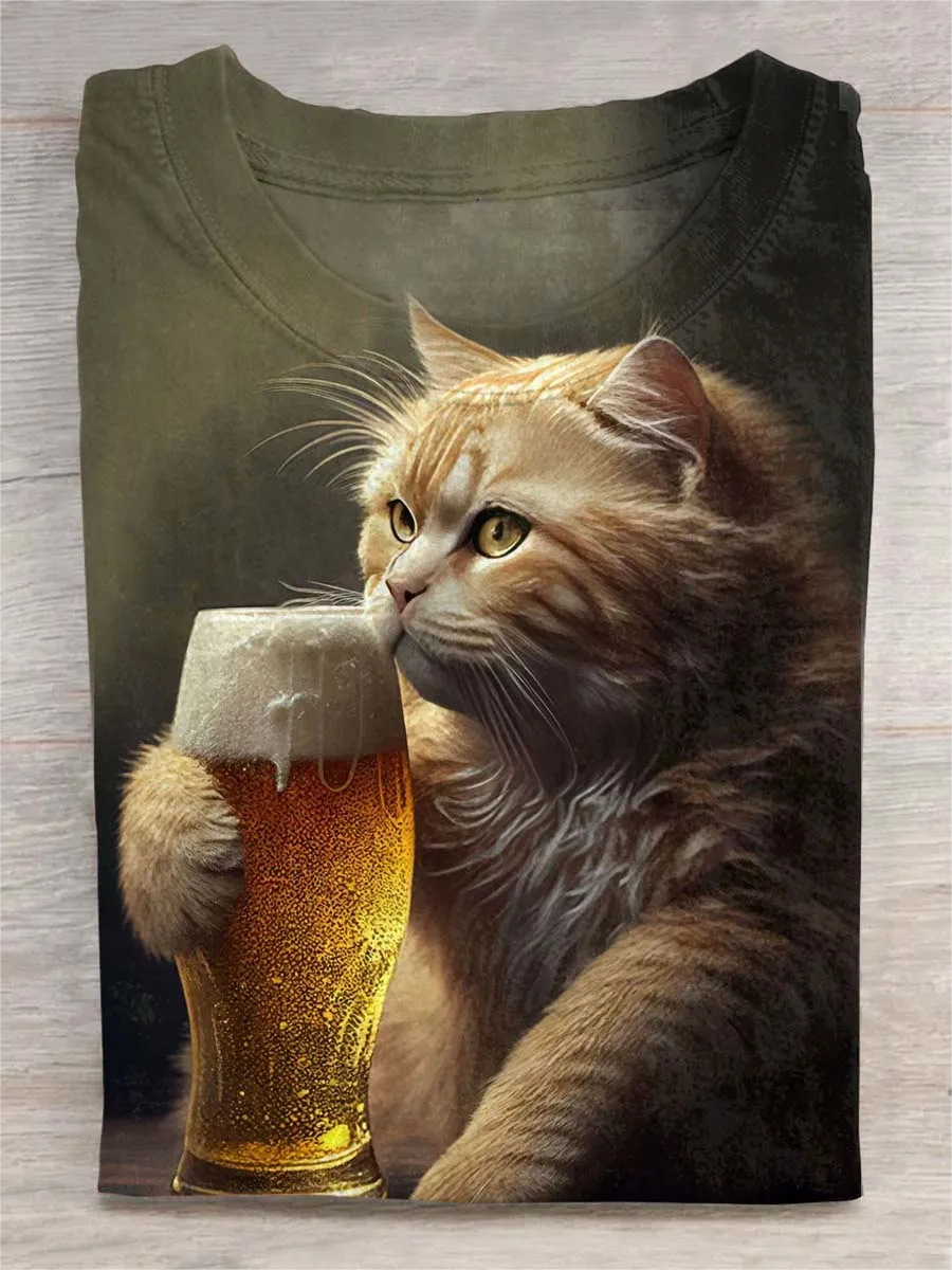 Cat Drinking Beer Print Casaul Short Sleeve T-shirt