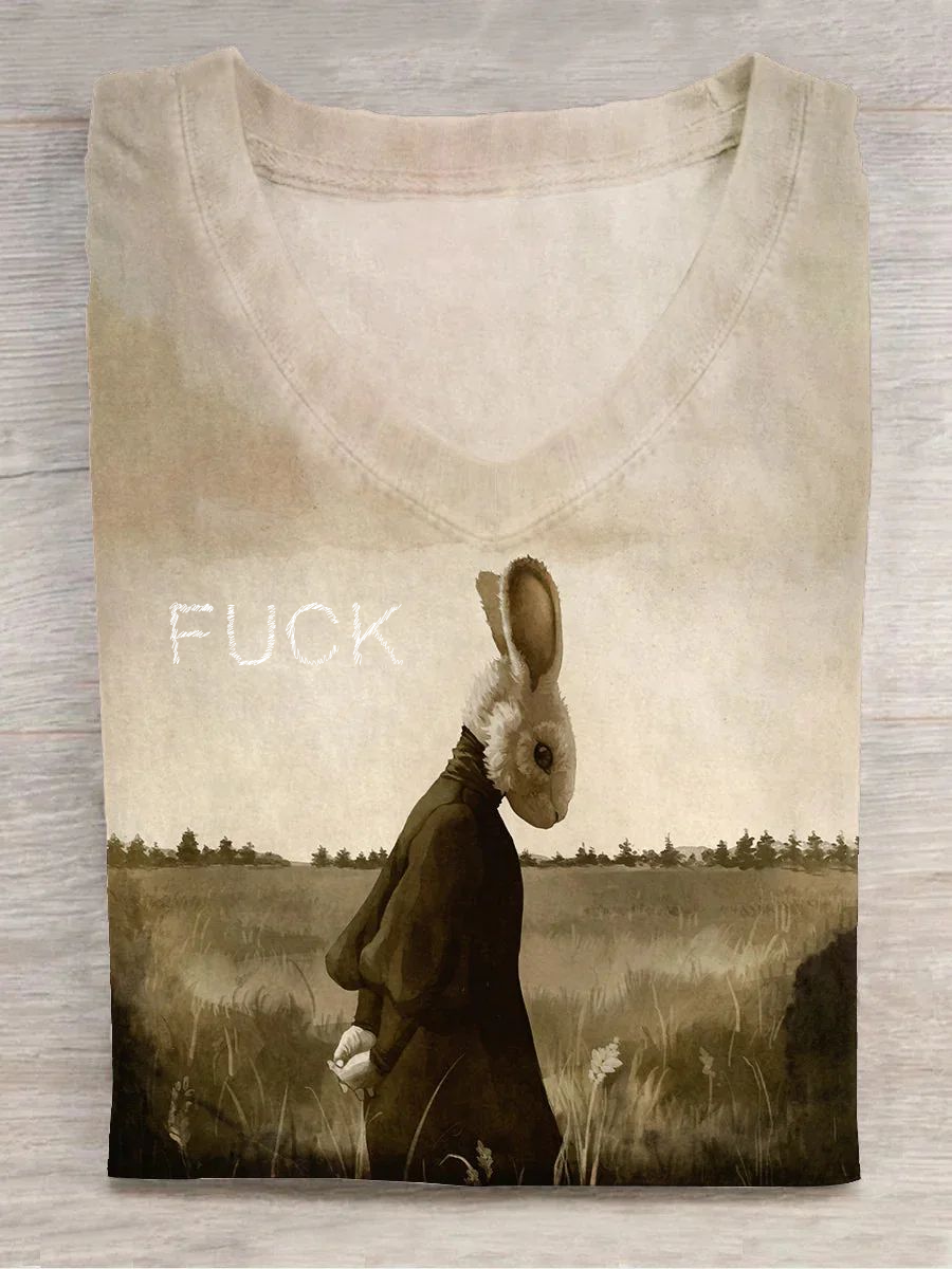 Vintage Rabbit Funny Art Print V-neck Casual T-Shirt