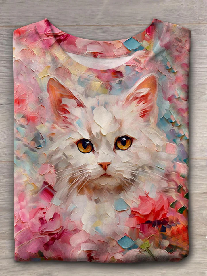 Pink Vintage Oil Painting Cat Print Casual Short Sleeve T-shirt