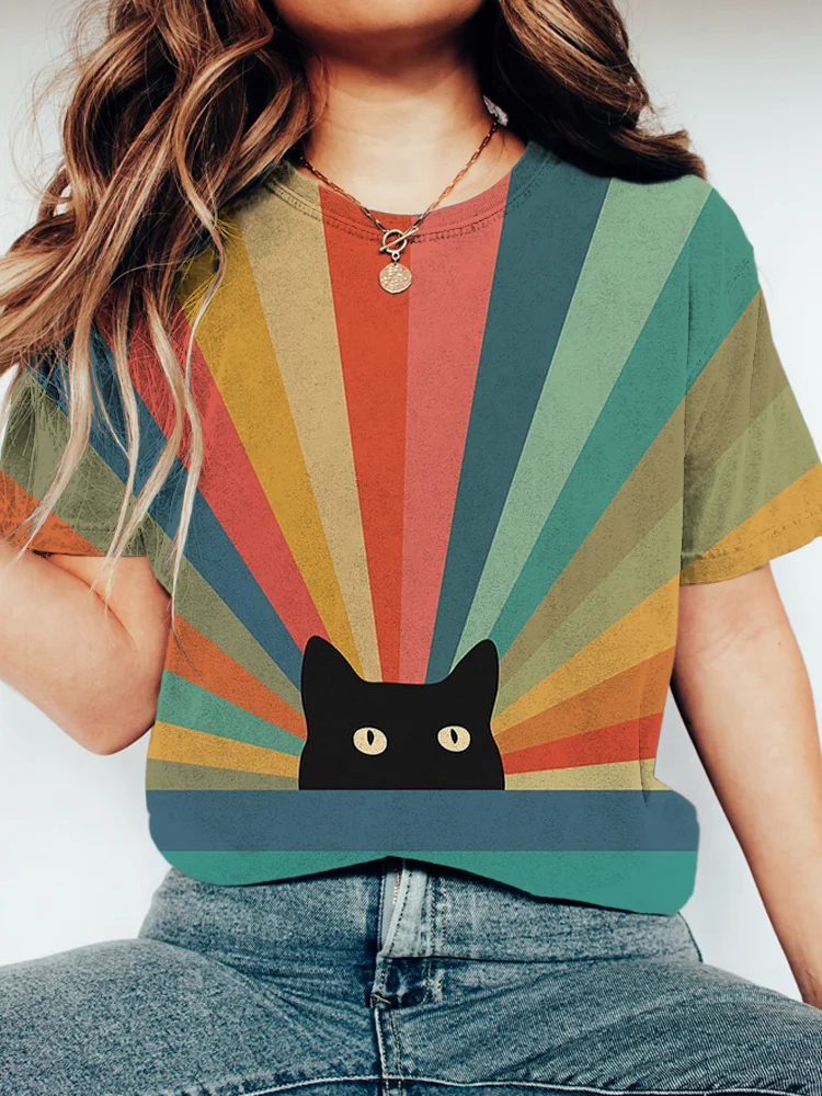 Rainbow Cat Print Casual T-Shirt