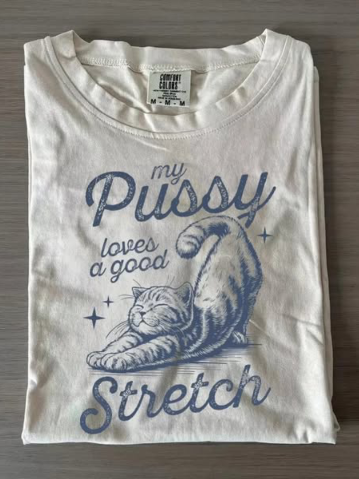 Stretch Cat Art Print Casual Short Sleeve T-shirt