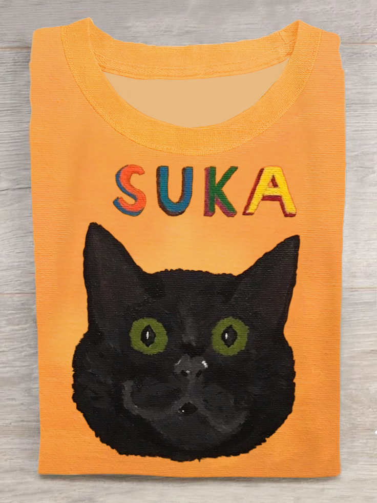 Suka Cat Art Print Casual Short Sleeve T-shirt