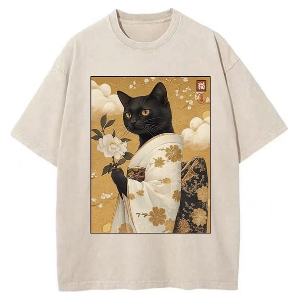 Chillteelab™ | Retro Black Cat Holding A Flower Washed T-Shirt