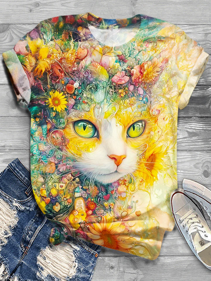 Retro Floral Cat Art Print Crew Neck T-shirt