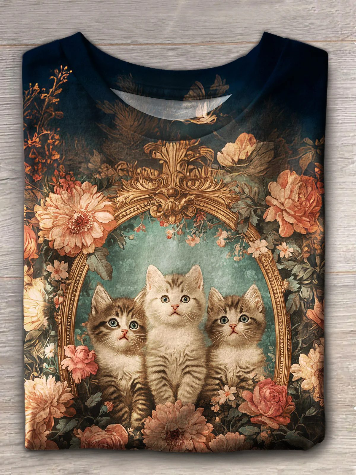 Retro Floral Cat Art Print Casual Short Sleeve T-shirt