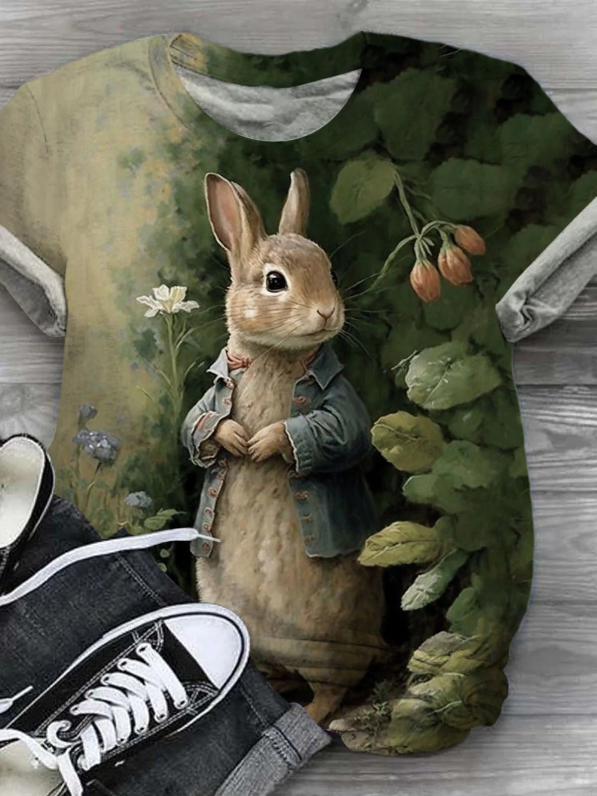 Retro Rabbit Print Crew Neck T-Shirt