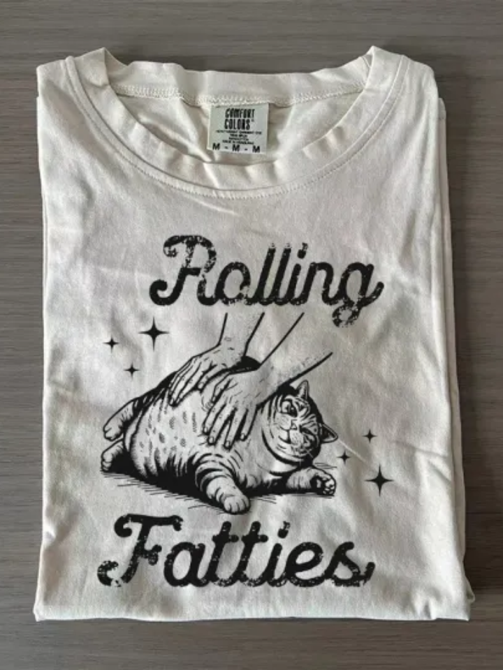 Rolling Fatties Cat Art Print Casual Short Sleeve T-shirt