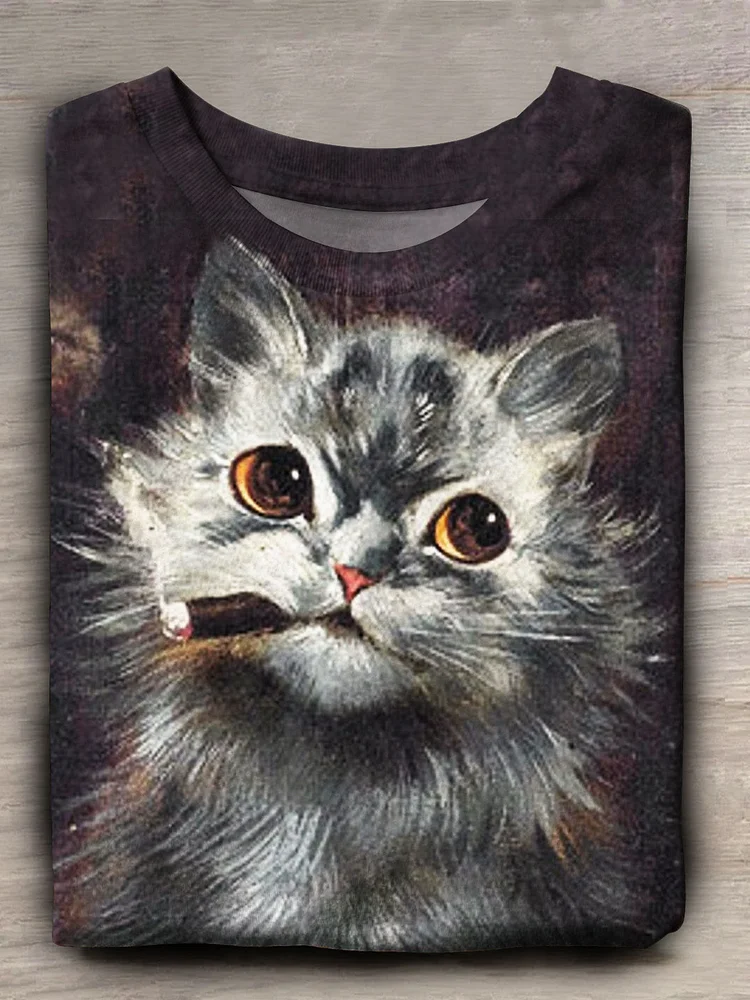 Smoking Cat Print Casual Short Sleeve T-Shirt