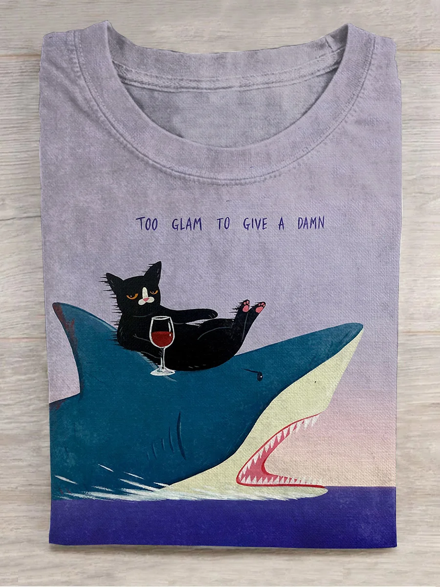 Too Glam To Give A Damn Cat Print Crew Neck T-shirt