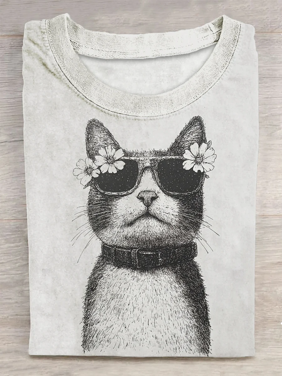Unisex Animal Cat Printed Vintage Fashion Loose Short Sleeve T-Shirt