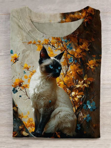 Siamese Cat Art Print Casual Short Sleeve T-shirt