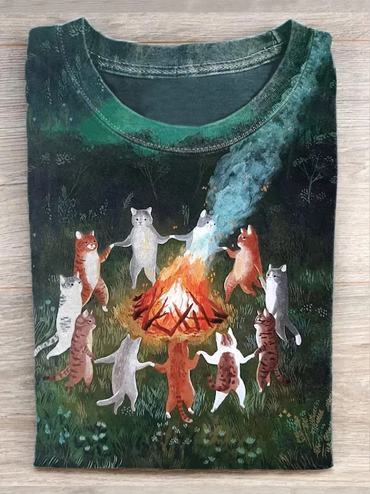 Unisex Cat Fire Dance Print Casual Short Sleeve T-Shirt