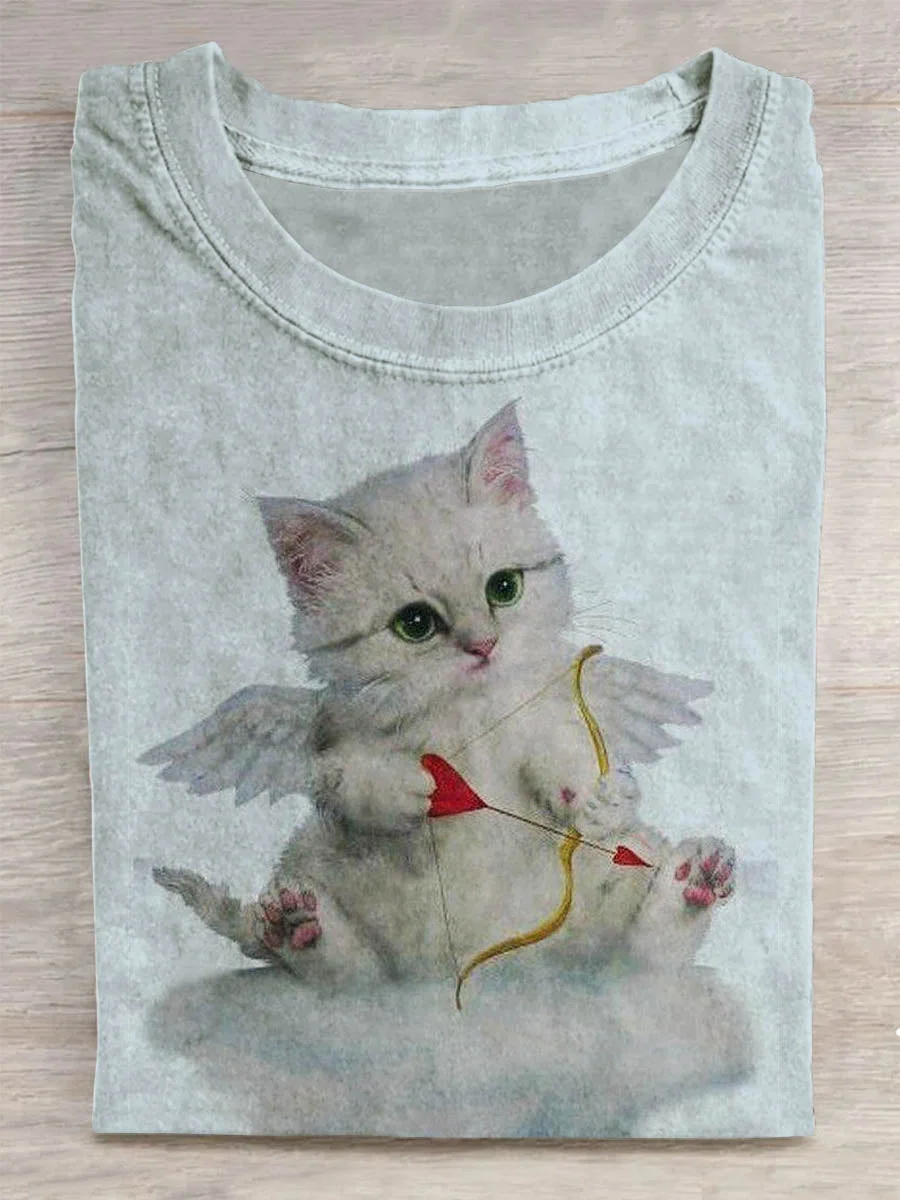 Cupid Cat Vintage Art Print Casual Short Sleeve T-shirt